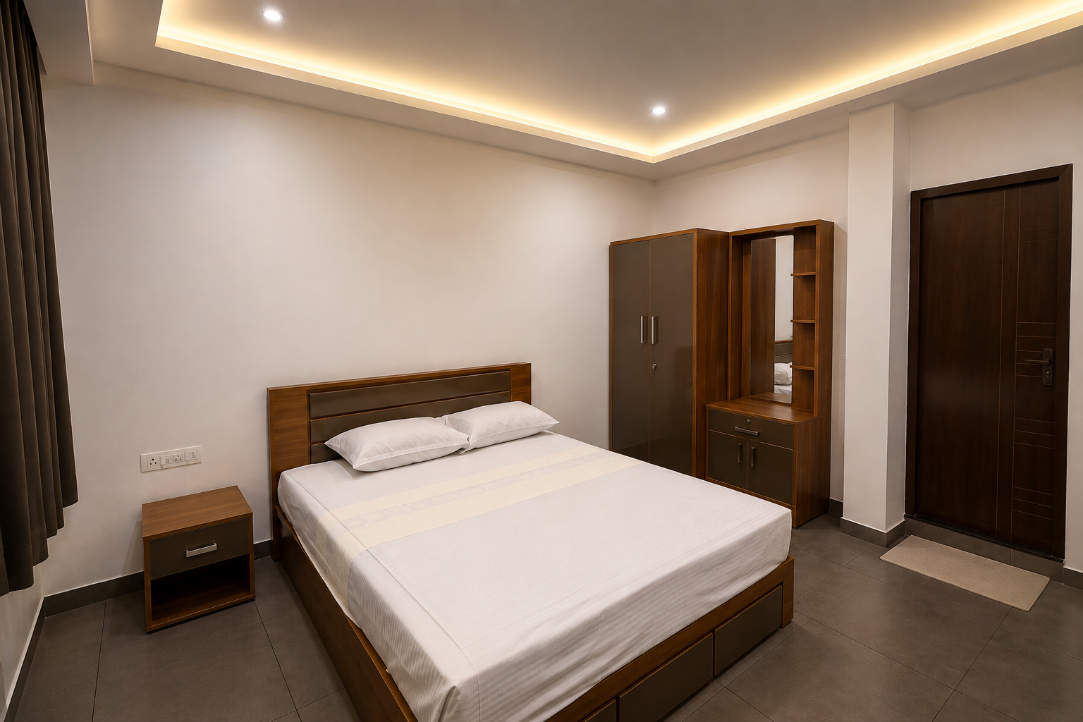 Non-AC room bed and vanity mirror